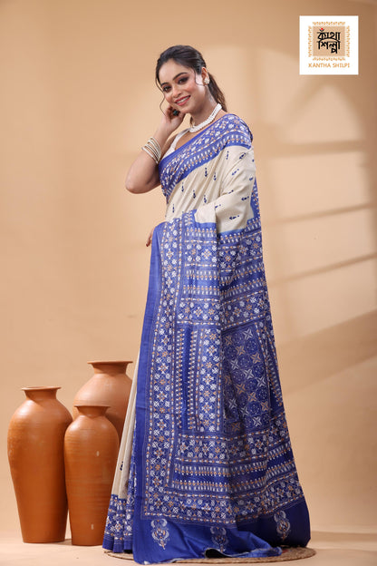 Pure Dye Gachi Tussar Multicolor Thread Work Kantha Stitch Saree