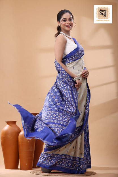 Pure Dye Gachi Tussar Multicolor Thread Work Kantha Stitch Saree