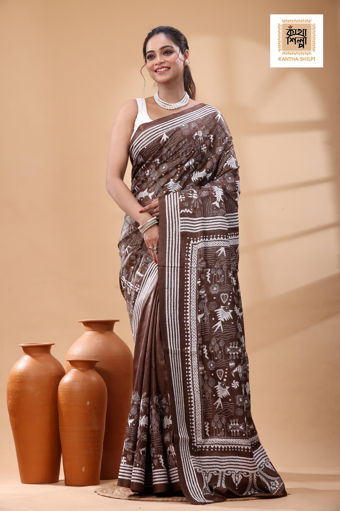 Pure Dye Gachi Tussar White Color Thread Work Kantha Stitch Saree