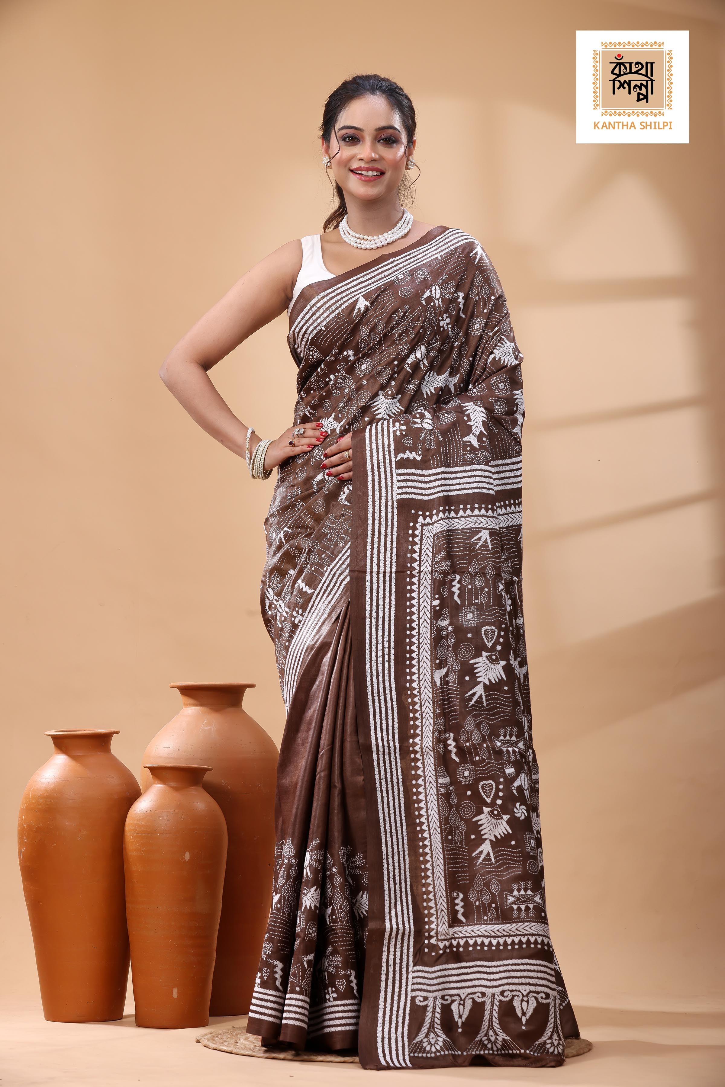 Pure Dye Gachi Tussar White Color Thread Work Kantha Stitch Saree
