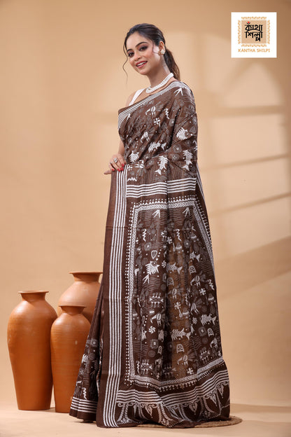 Pure Dye Gachi Tussar White Color Thread Work Kantha Stitch Saree