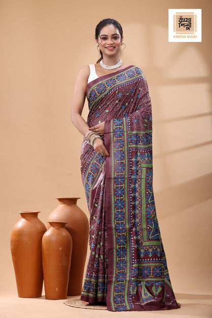 Pure Gachi Tussar Pink Color Thread Work Kantha Stitch Saree