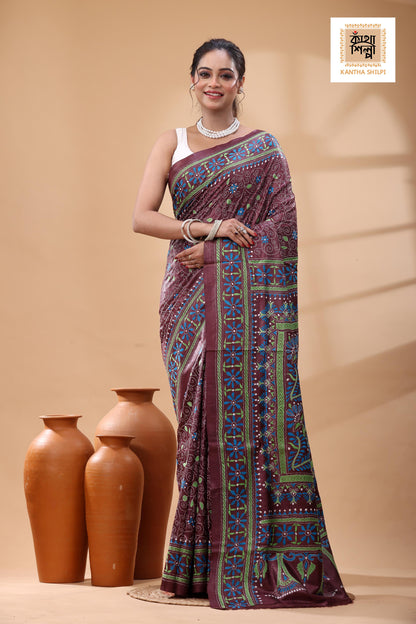 Pure Gachi Tussar Pink Color Thread Work Kantha Stitch Saree