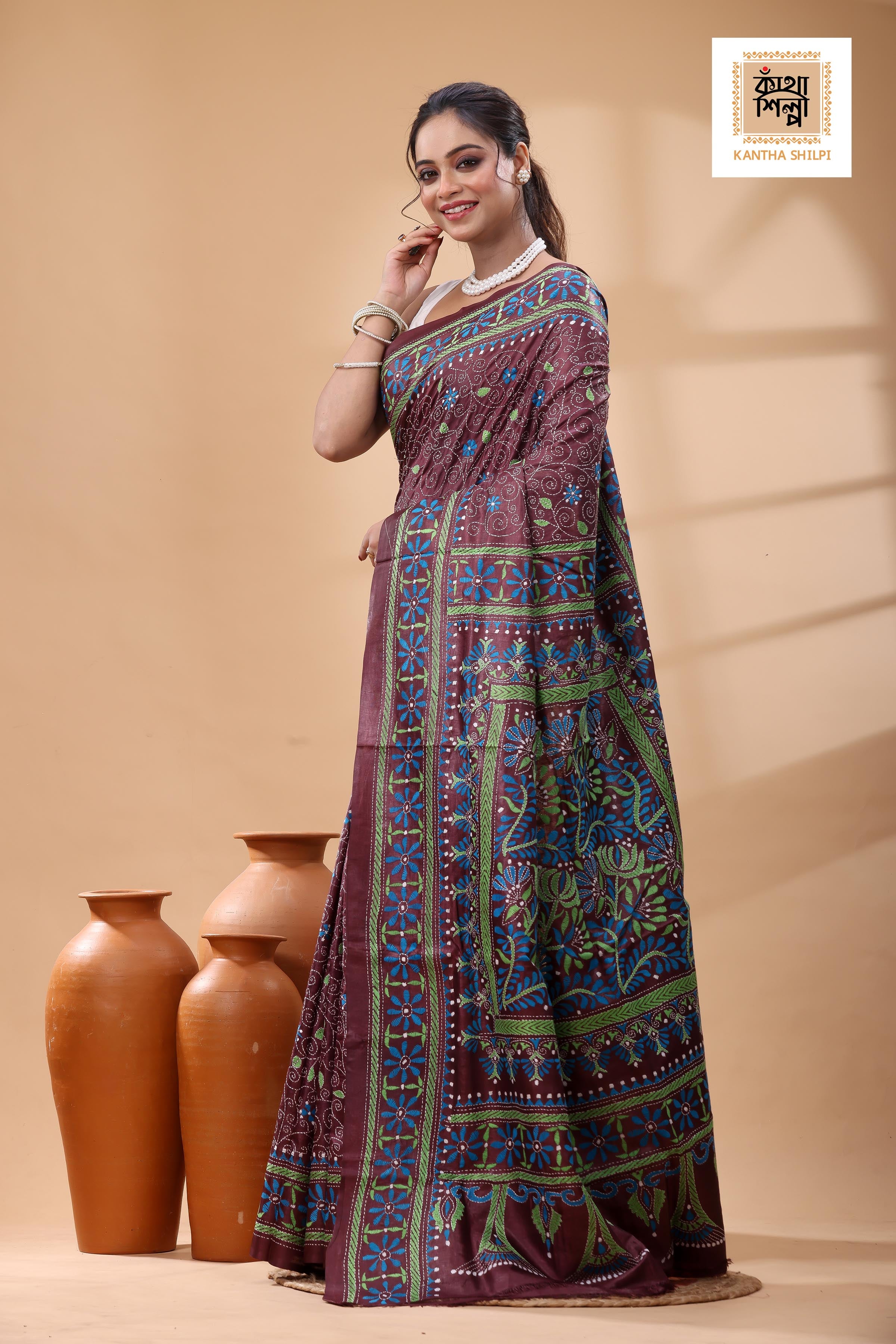 Pure Gachi Tussar Pink Color Thread Work Kantha Stitch Saree