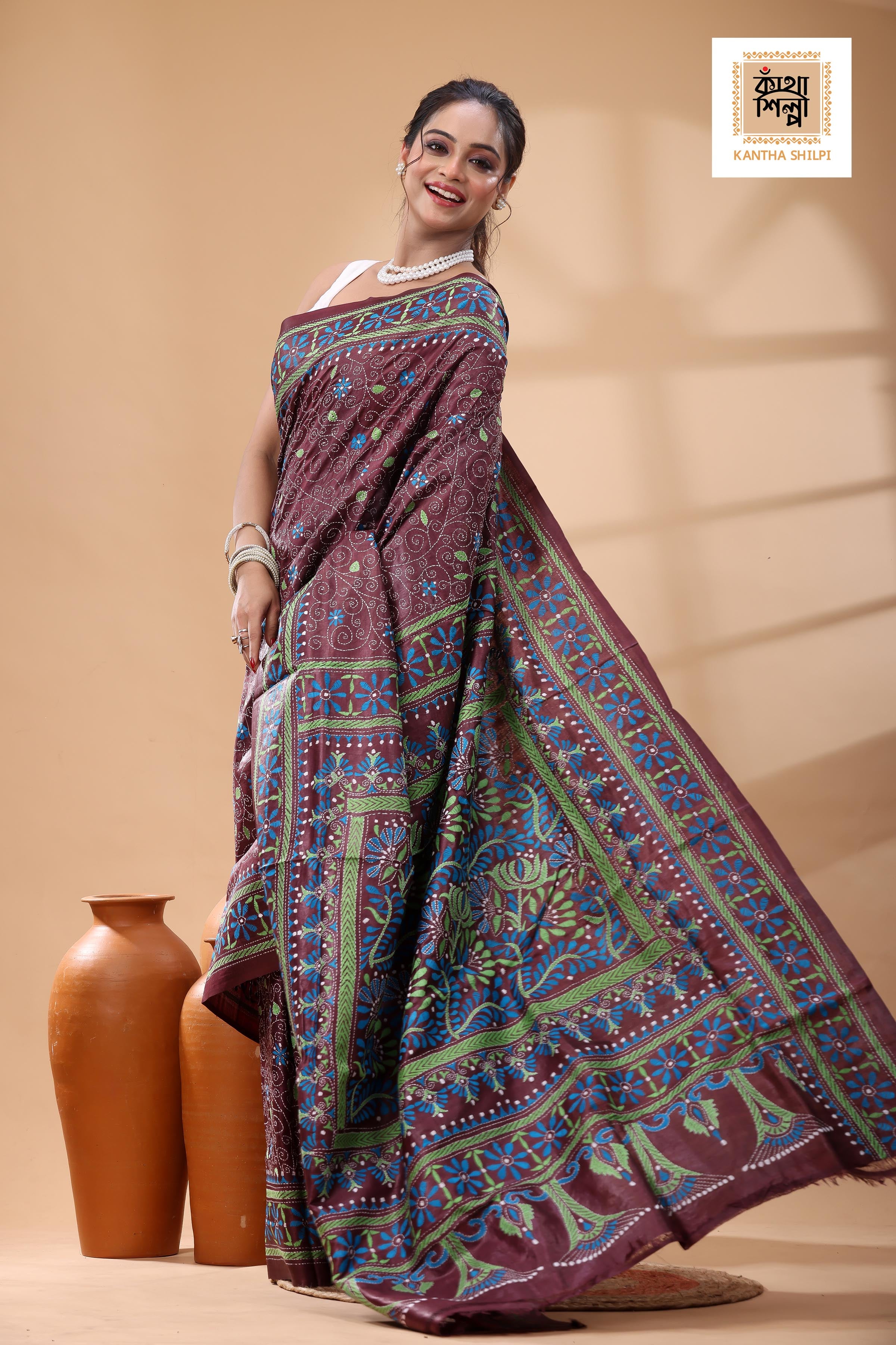 Pure Gachi Tussar Pink Color Thread Work Kantha Stitch Saree