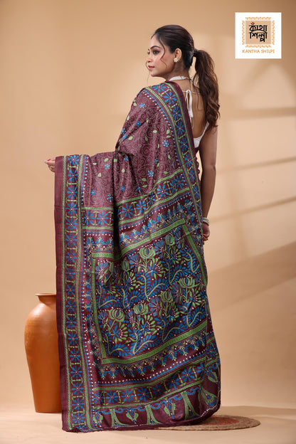 Pure Gachi Tussar Pink Color Thread Work Kantha Stitch Saree