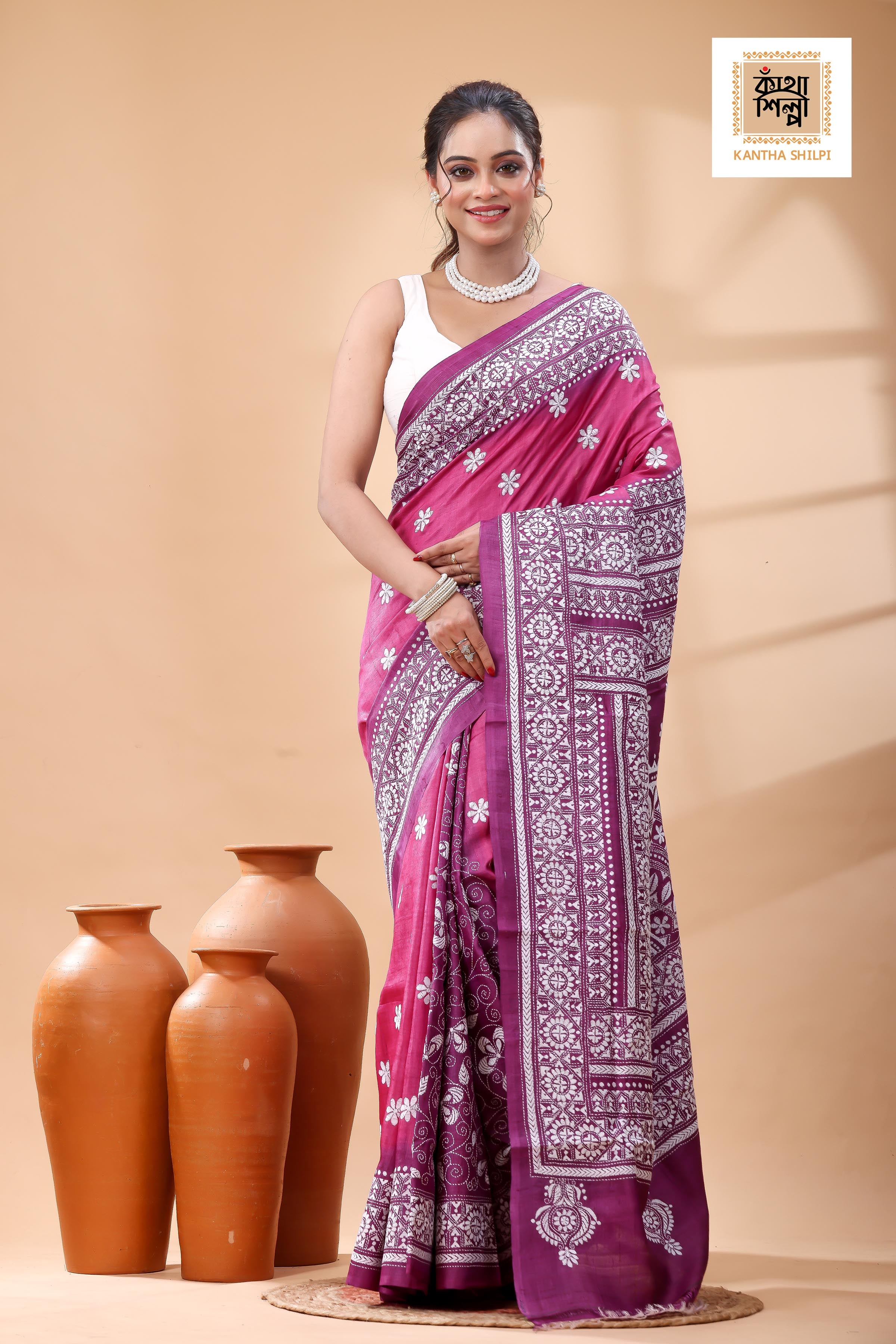 Pure Dye Gachi Tussar White Color Thread Work Kantha Stitch Saree