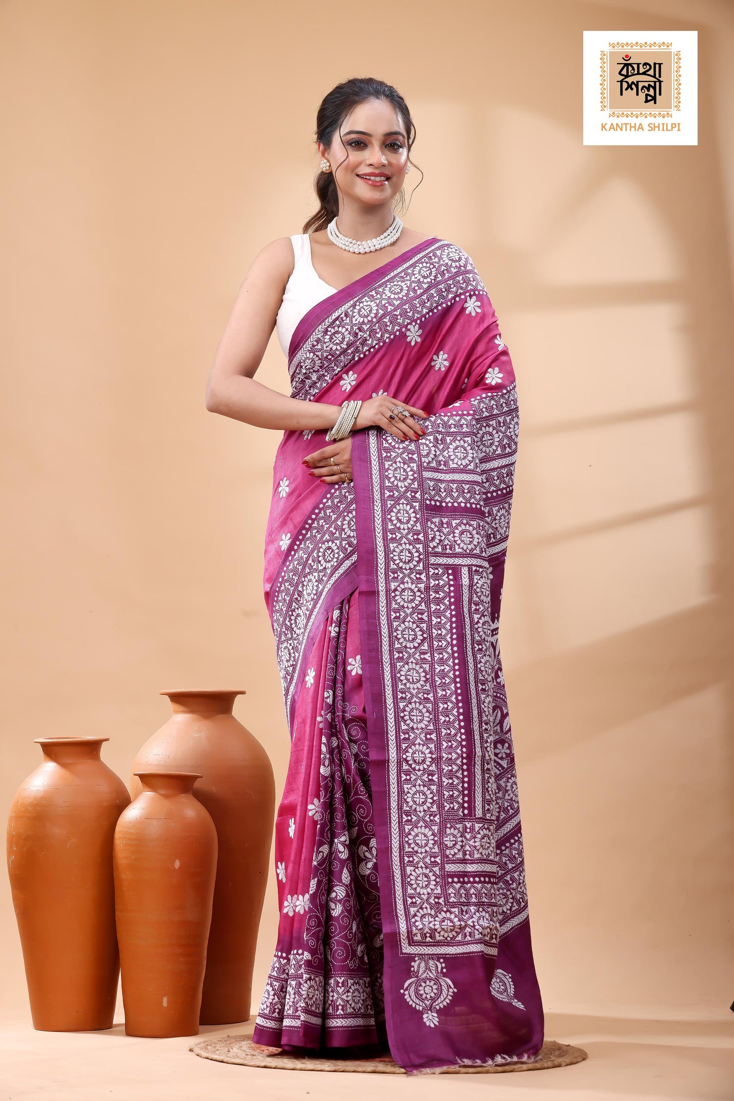 Pure Dye Gachi Tussar White Color Thread Work Kantha Stitch Saree