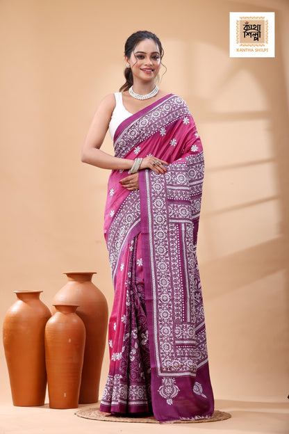 Pure Dye Gachi Tussar White Color Thread Work Kantha Stitch Saree