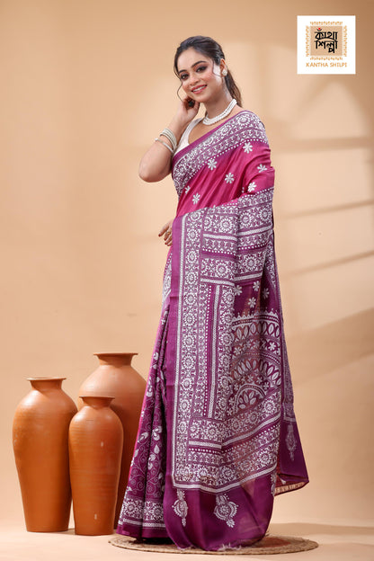 Pure Dye Gachi Tussar White Color Thread Work Kantha Stitch Saree