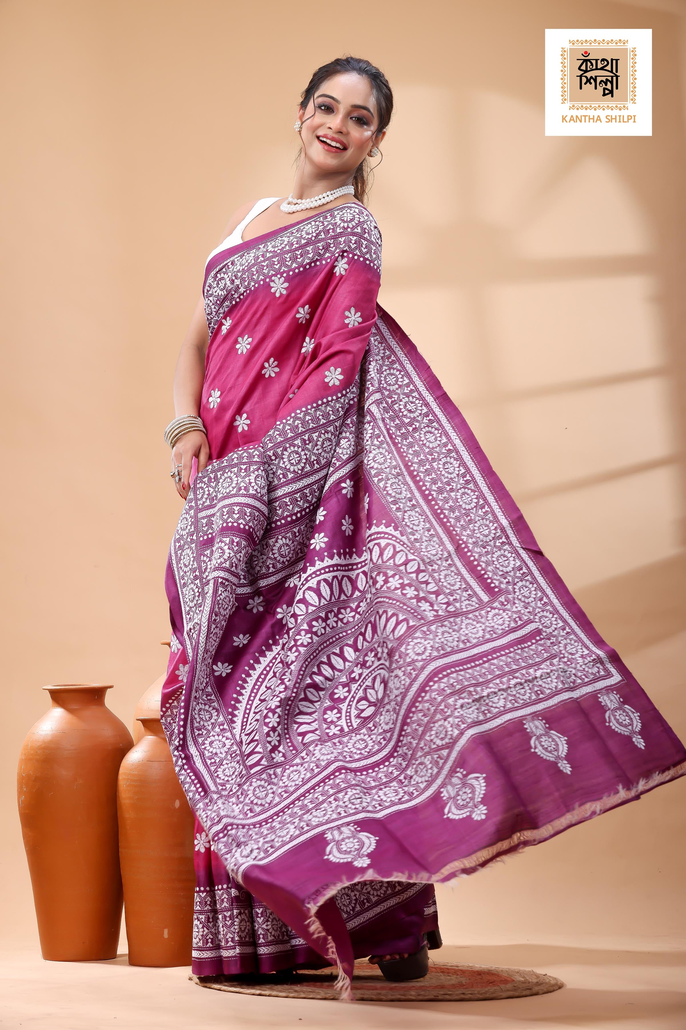 Pure Dye Gachi Tussar White Color Thread Work Kantha Stitch Saree