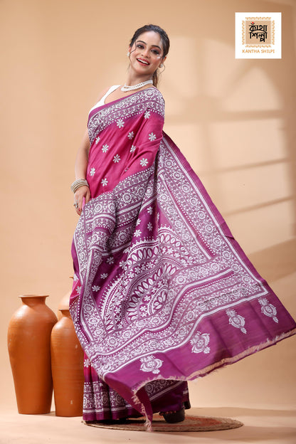 Pure Dye Gachi Tussar White Color Thread Work Kantha Stitch Saree