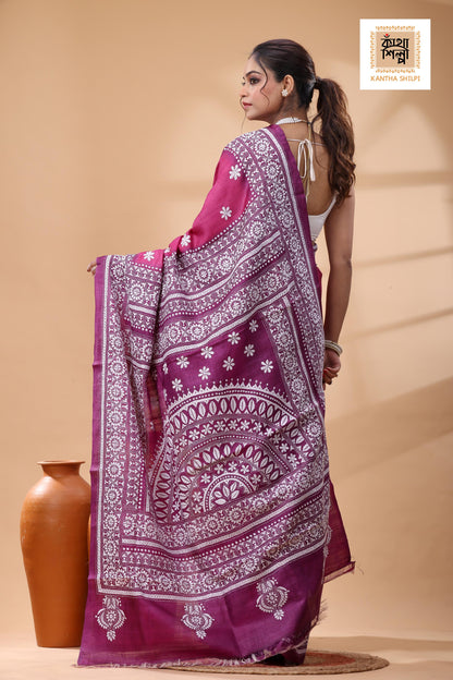 Pure Dye Gachi Tussar White Color Thread Work Kantha Stitch Saree