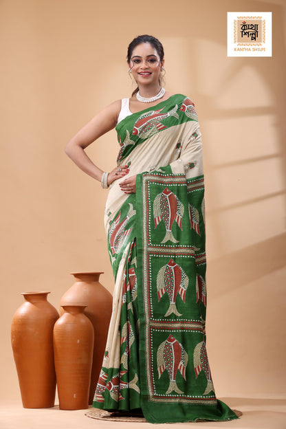 Pure Dye Gachi Tussar Multicolor Thread Work Kantha Stitch Saree