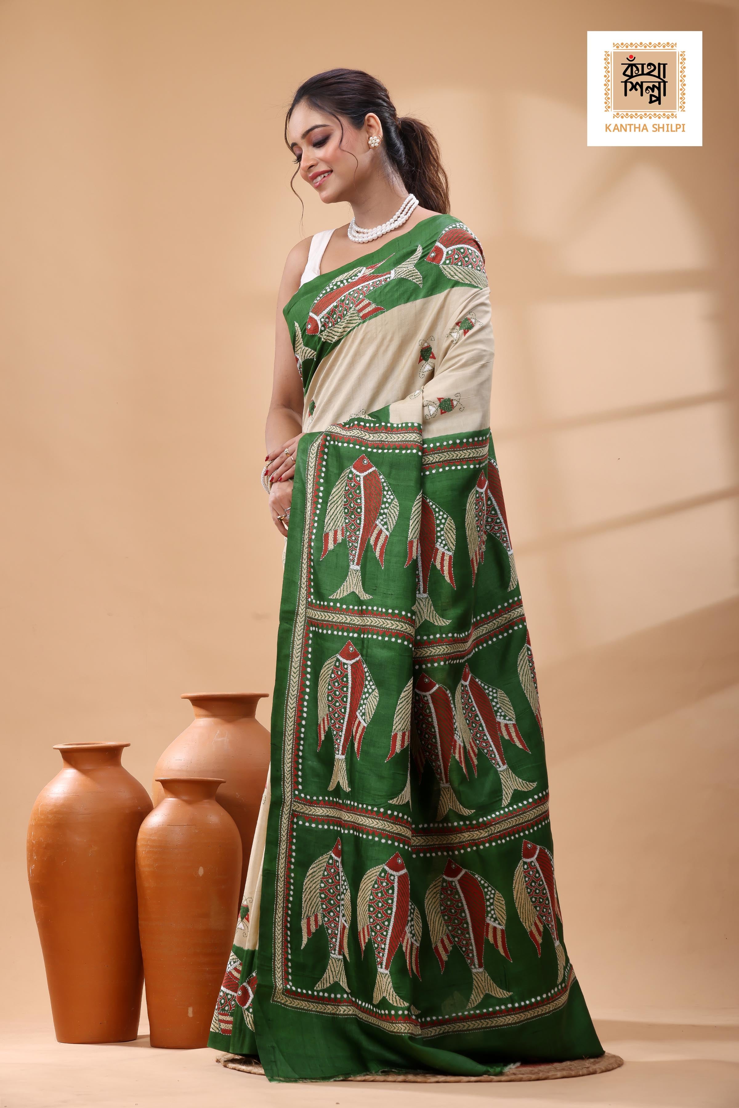 Pure Dye Gachi Tussar Multicolor Thread Work Kantha Stitch Saree