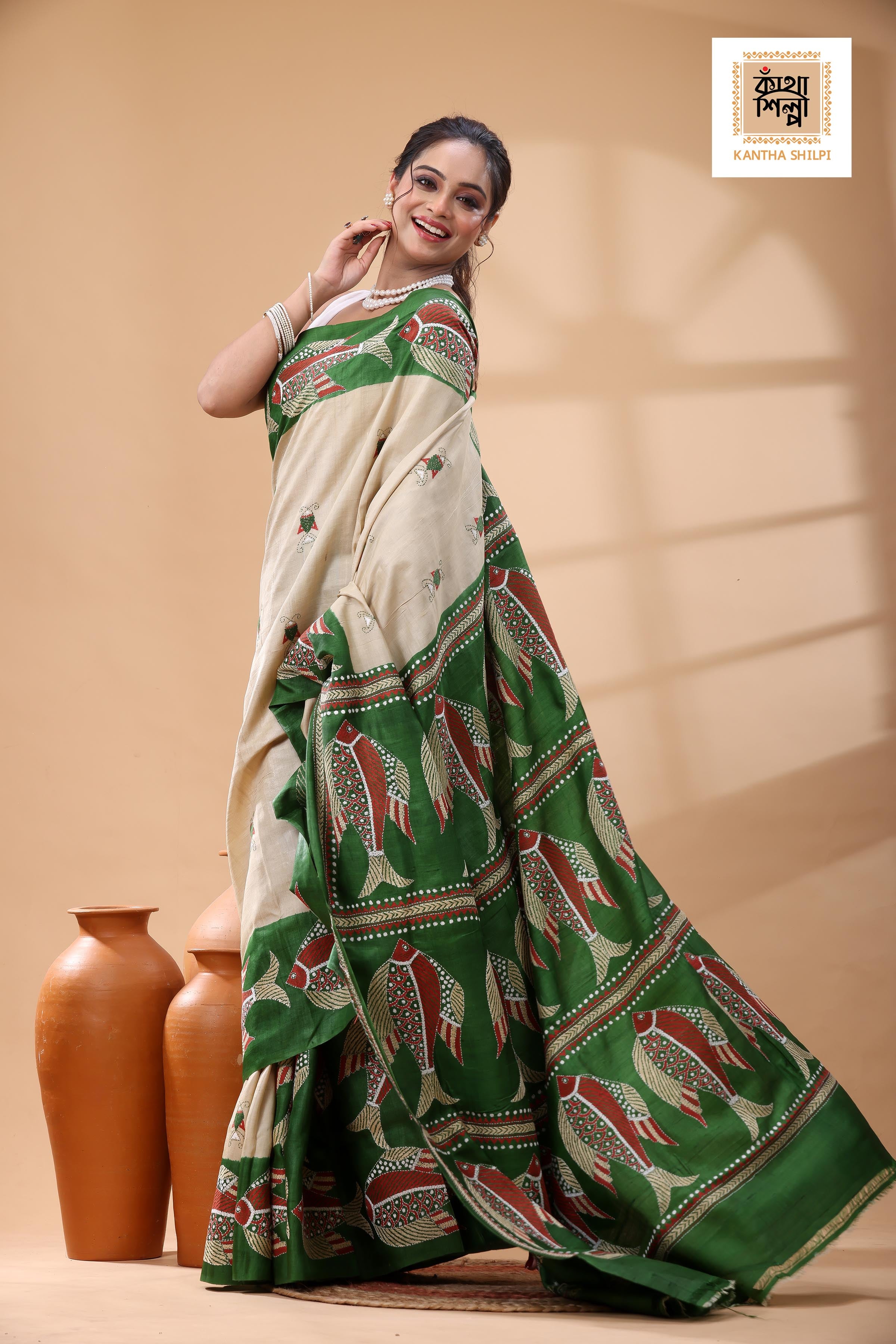 Pure Dye Gachi Tussar Multicolor Thread Work Kantha Stitch Saree