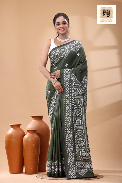 Dark Olive Color Bangalore Silk White Color Thread Work Kantha Stitch Saree
