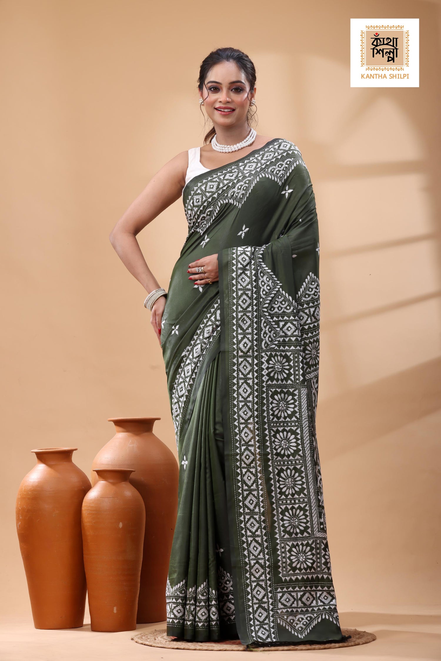 Dark Olive Color Bangalore Silk White Color Thread Work Kantha Stitch Saree