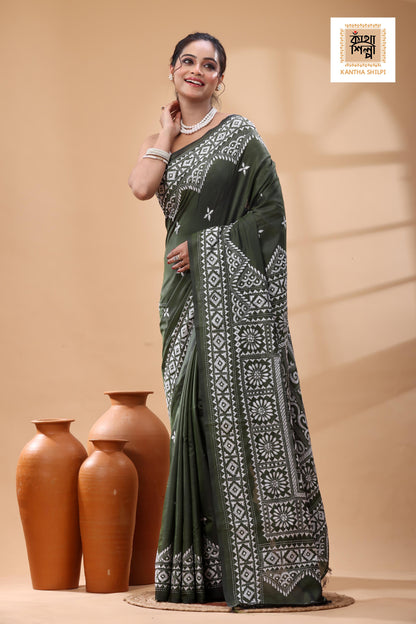 Dark Olive Color Bangalore Silk White Color Thread Work Kantha Stitch Saree
