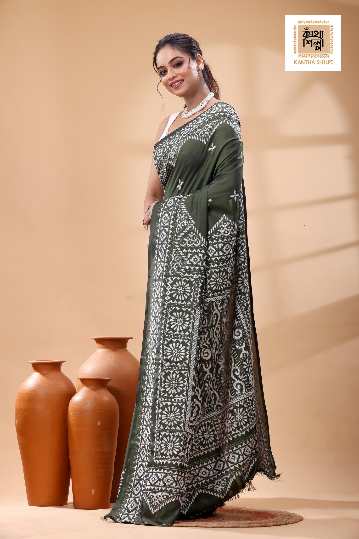 Dark Olive Color Bangalore Silk White Color Thread Work Kantha Stitch Saree