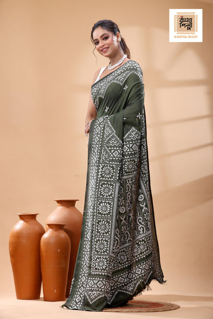 Dark Olive Color Bangalore Silk White Color Thread Work Kantha Stitch Saree