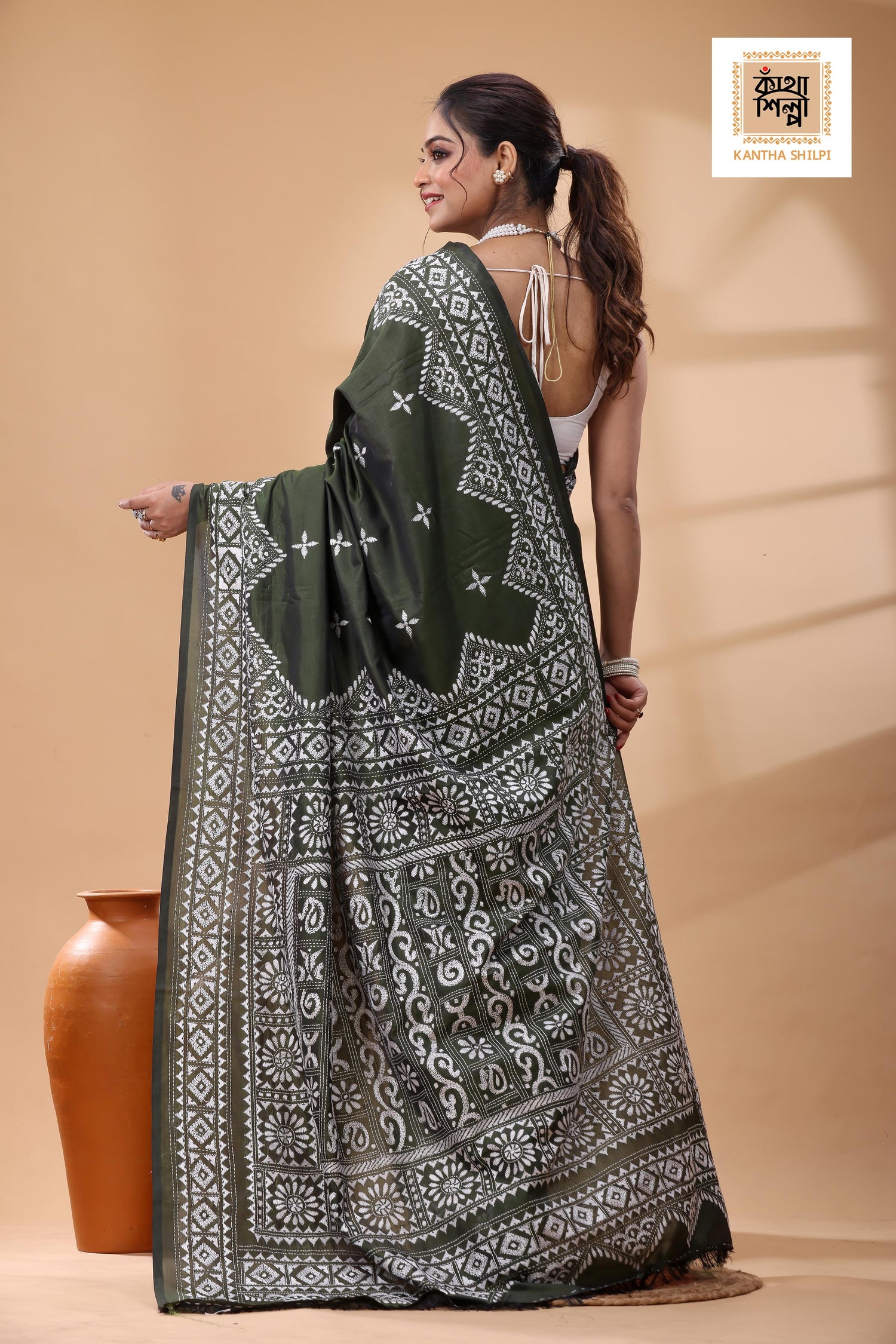 Dark Olive Color Bangalore Silk White Color Thread Work Kantha Stitch Saree