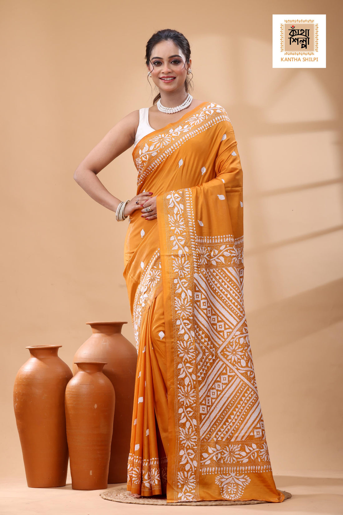Orange Color Bangalore Silk White Color Thread Work Kantha Stitch Saree