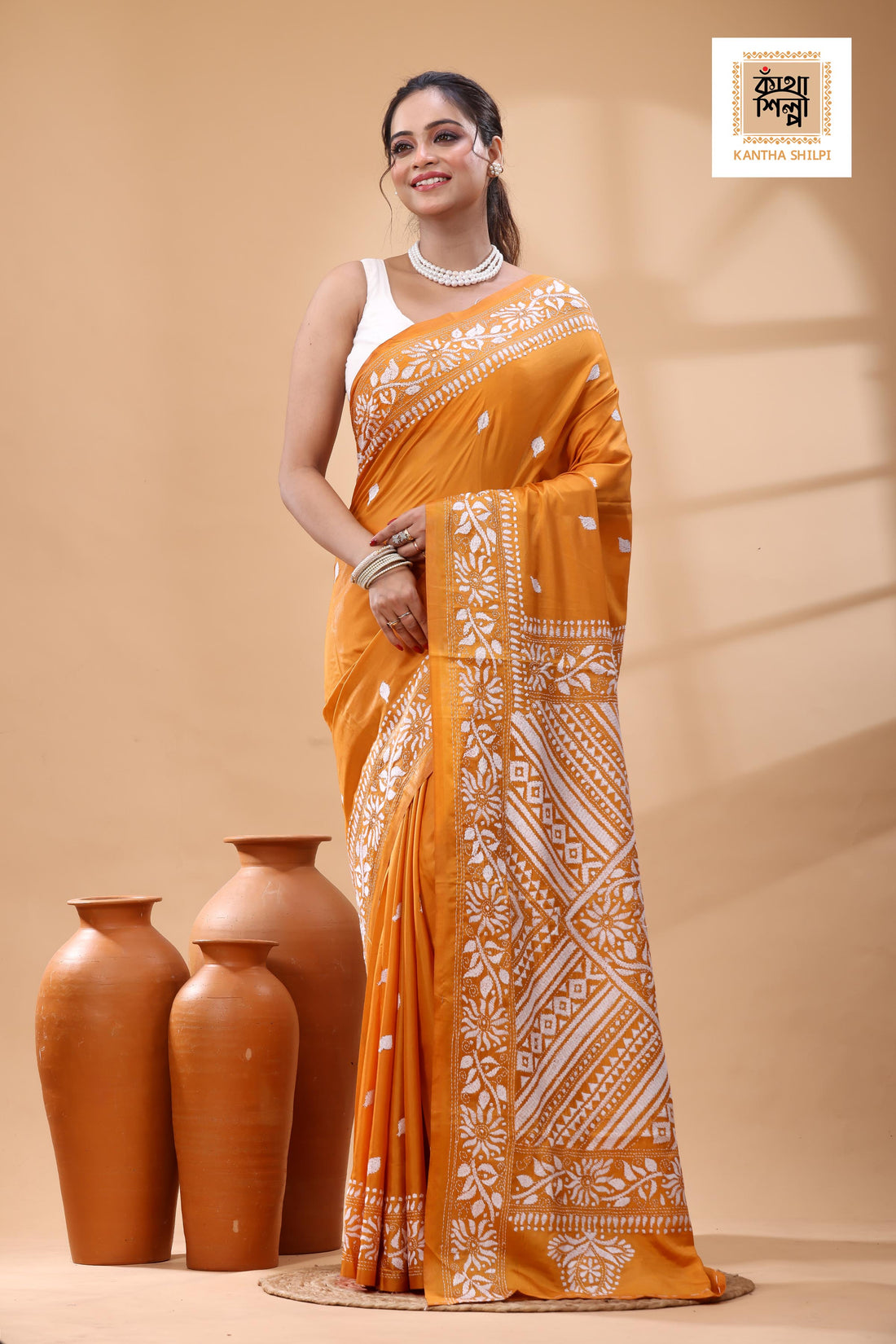 Orange Color Bangalore Silk White Color Thread Work Kantha Stitch Saree