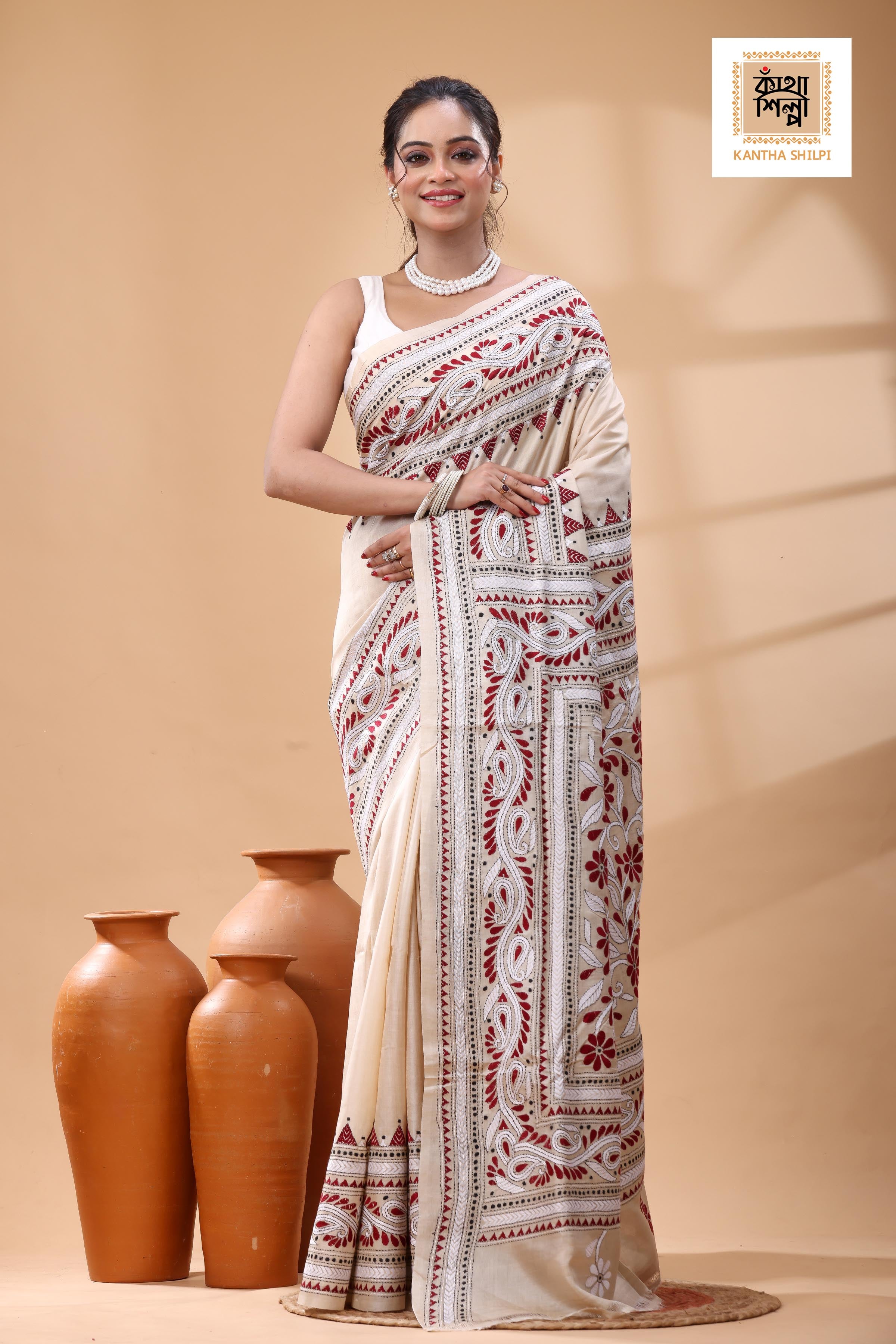 Pure Gachi Tussar White Maroon Color Thread Work Kantha Stitch Saree