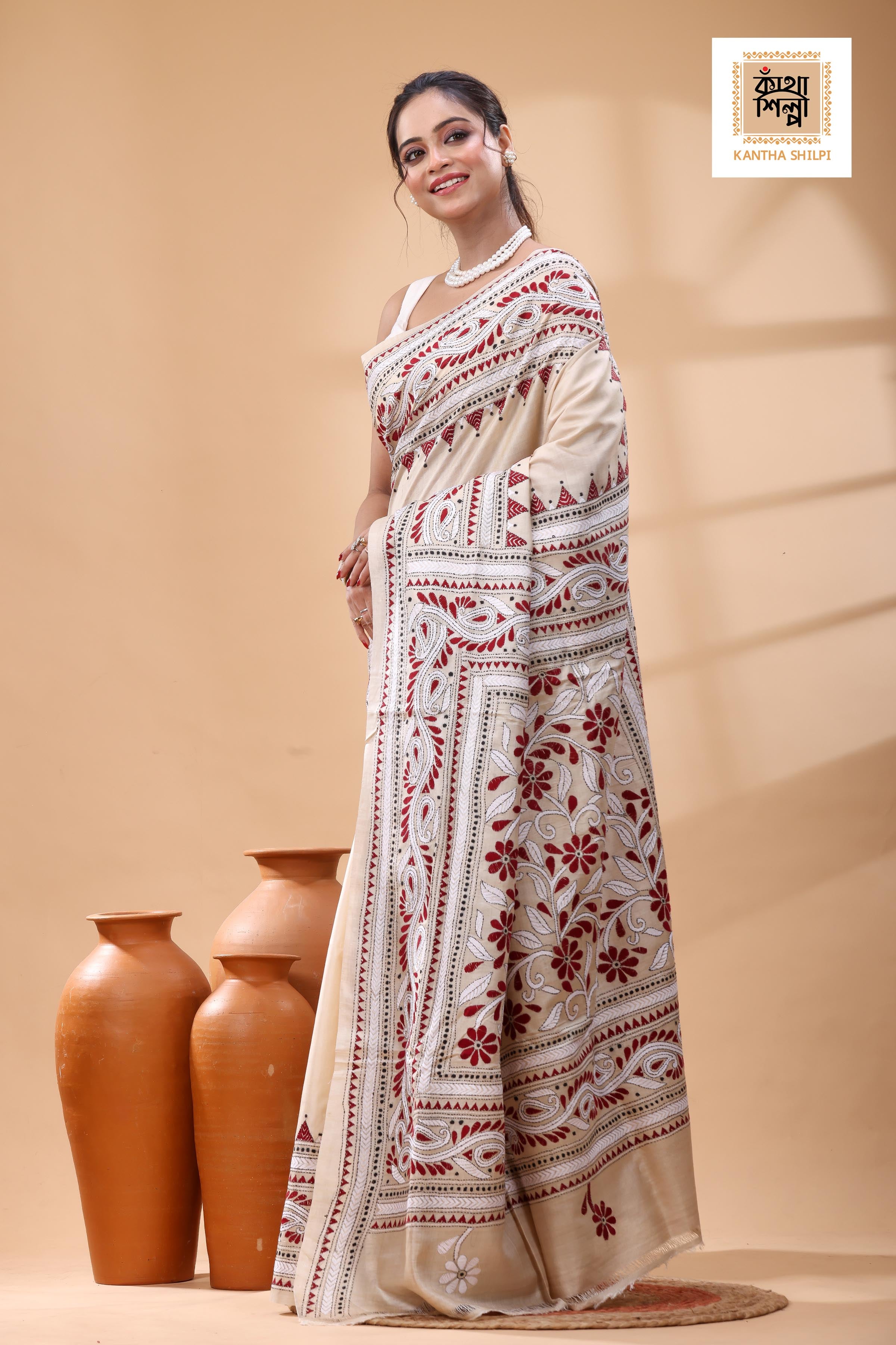 Pure Gachi Tussar White Maroon Color Thread Work Kantha Stitch Saree