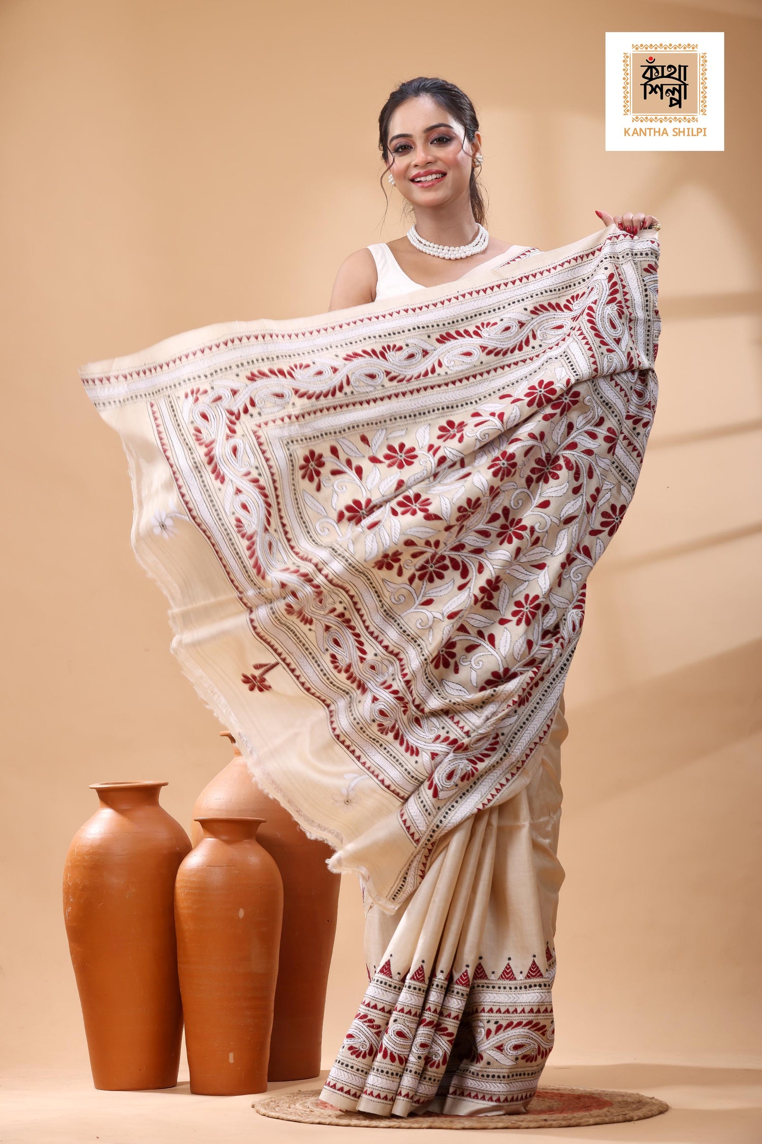 Pure Gachi Tussar White Maroon Color Thread Work Kantha Stitch Saree