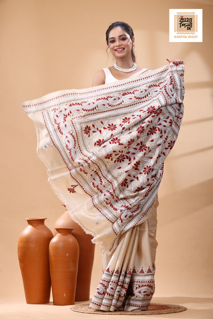 Pure Gachi Tussar White Maroon Color Thread Work Kantha Stitch Saree