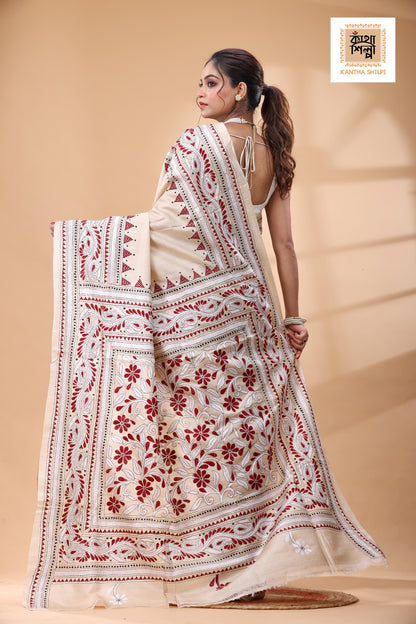 Pure Gachi Tussar White Maroon Color Thread Work Kantha Stitch Saree