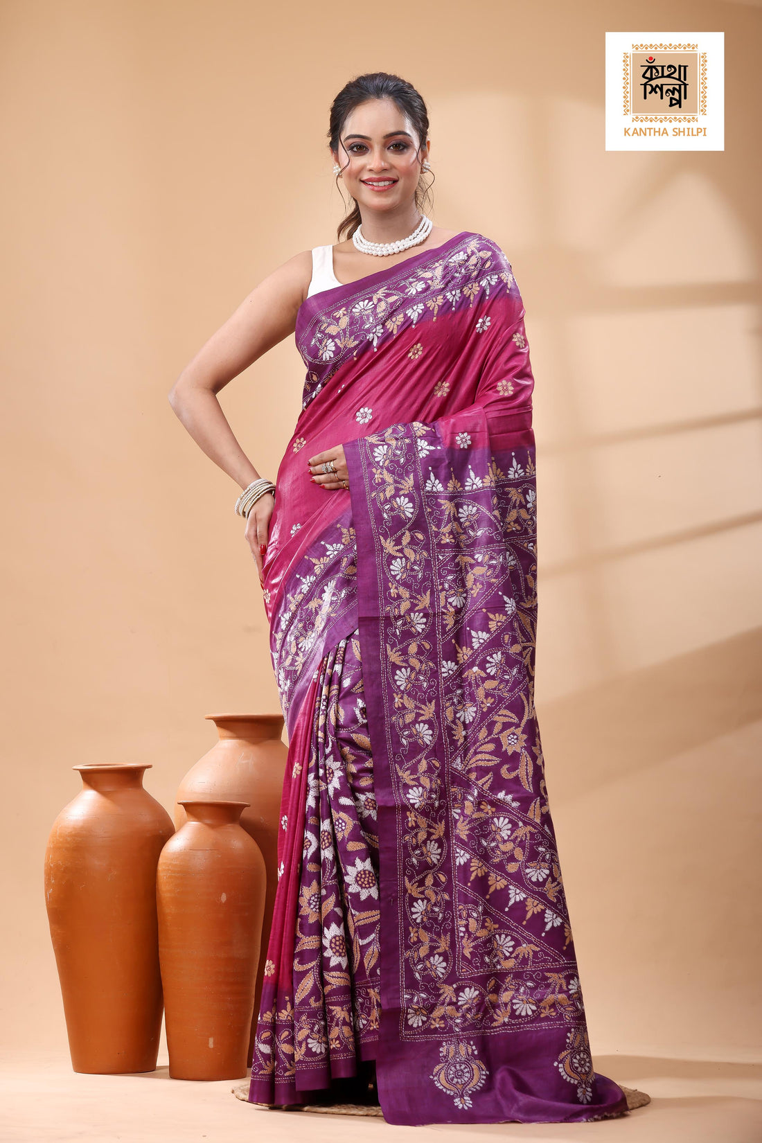 Pure Dye Gachi Tussar White Color Thread Work Kantha Stitch Saree