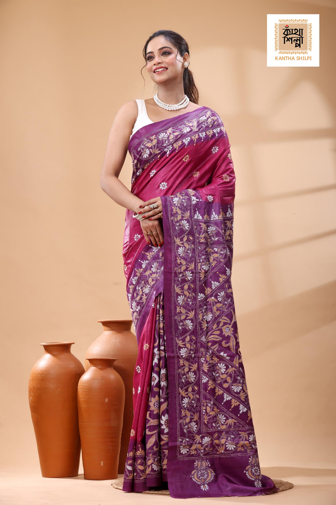 Pure Dye Gachi Tussar White Color Thread Work Kantha Stitch Saree