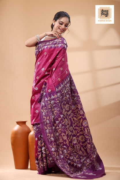 Pure Dye Gachi Tussar White Color Thread Work Kantha Stitch Saree
