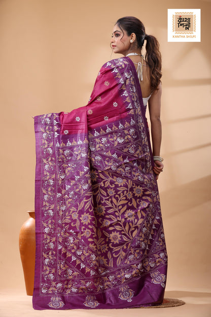 Pure Dye Gachi Tussar White Color Thread Work Kantha Stitch Saree