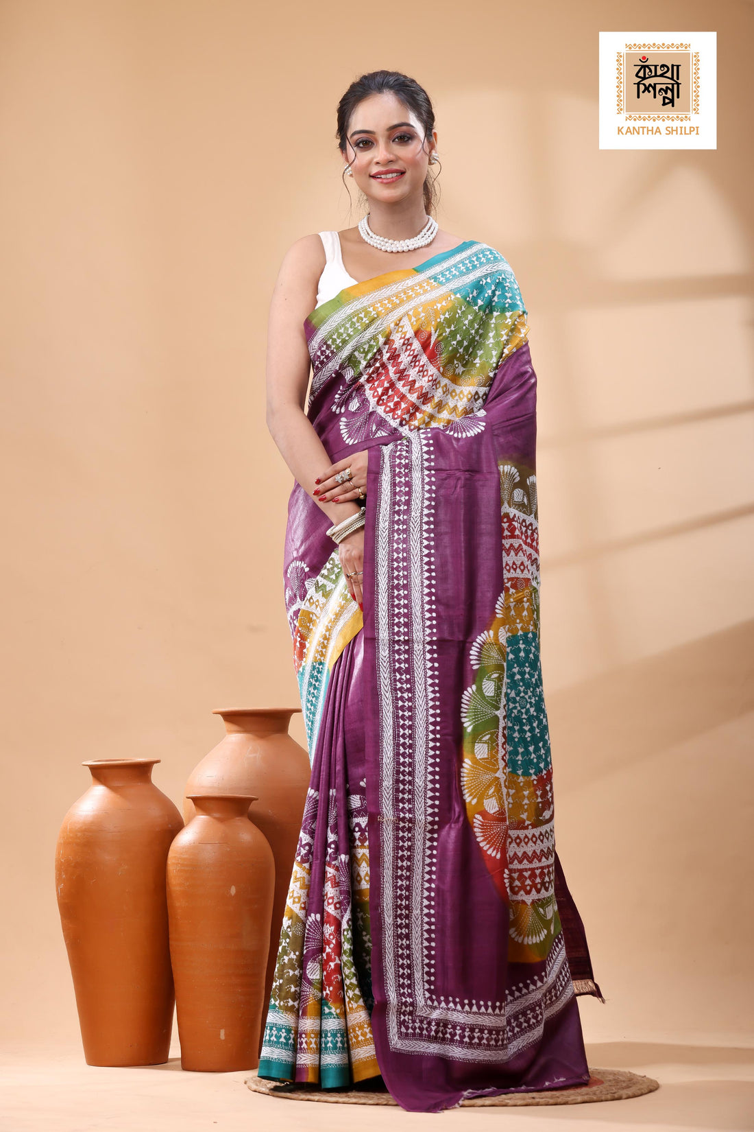 Pure Dye Gachi Tussar White Color Thread Work Kantha Stitch Saree
