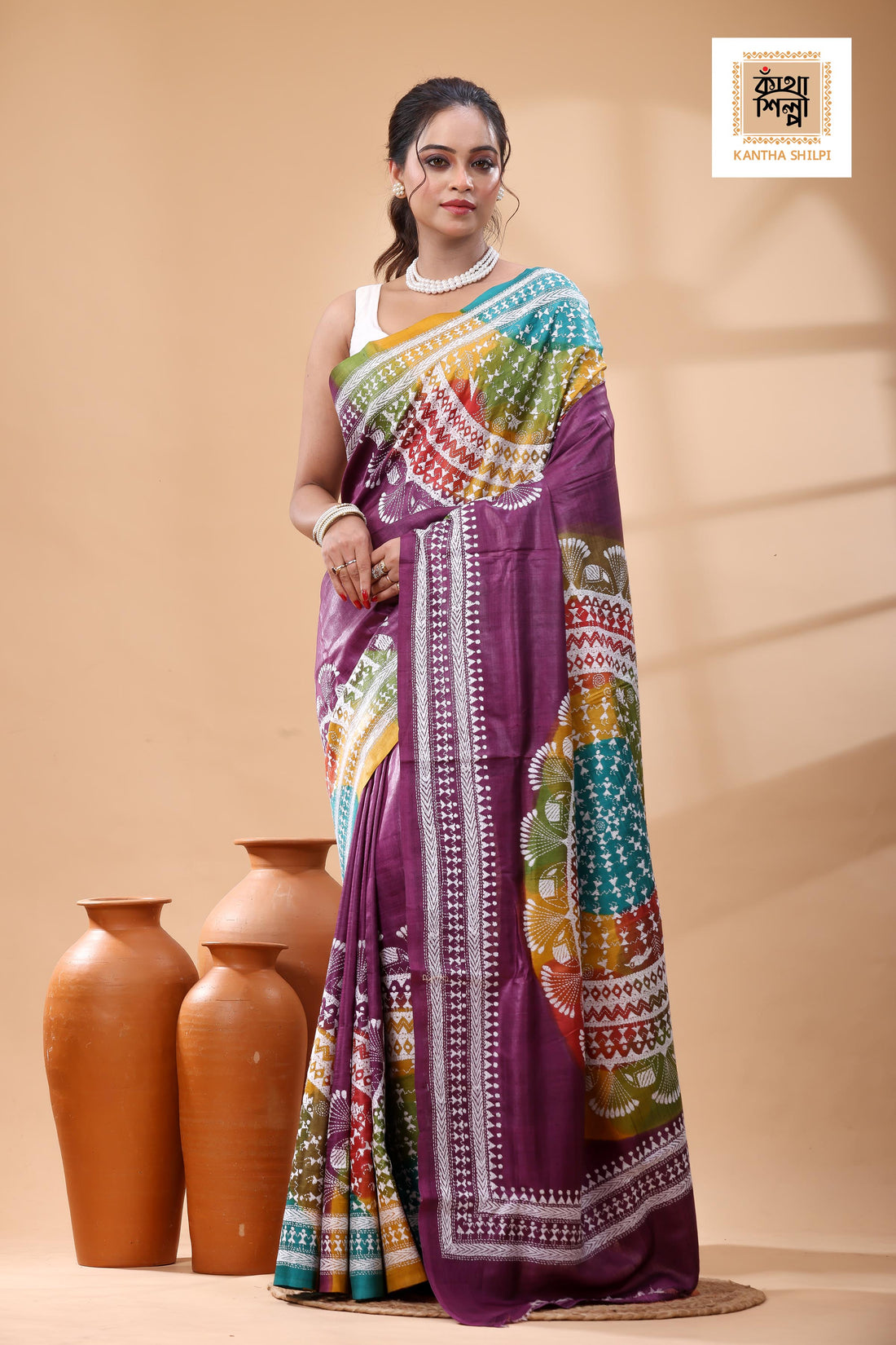 Pure Dye Gachi Tussar White Color Thread Work Kantha Stitch Saree