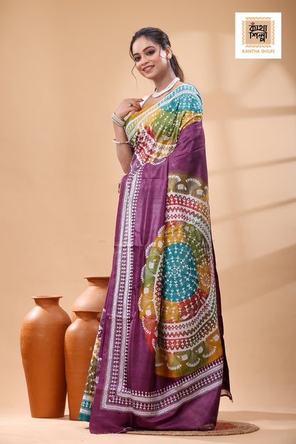 Pure Dye Gachi Tussar White Color Thread Work Kantha Stitch Saree
