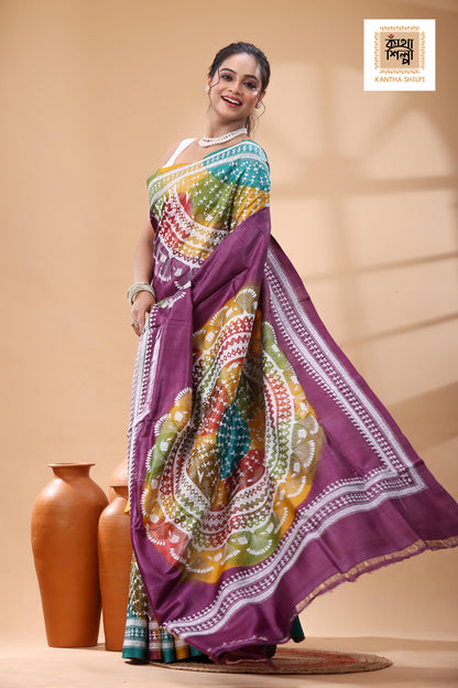 Pure Dye Gachi Tussar White Color Thread Work Kantha Stitch Saree
