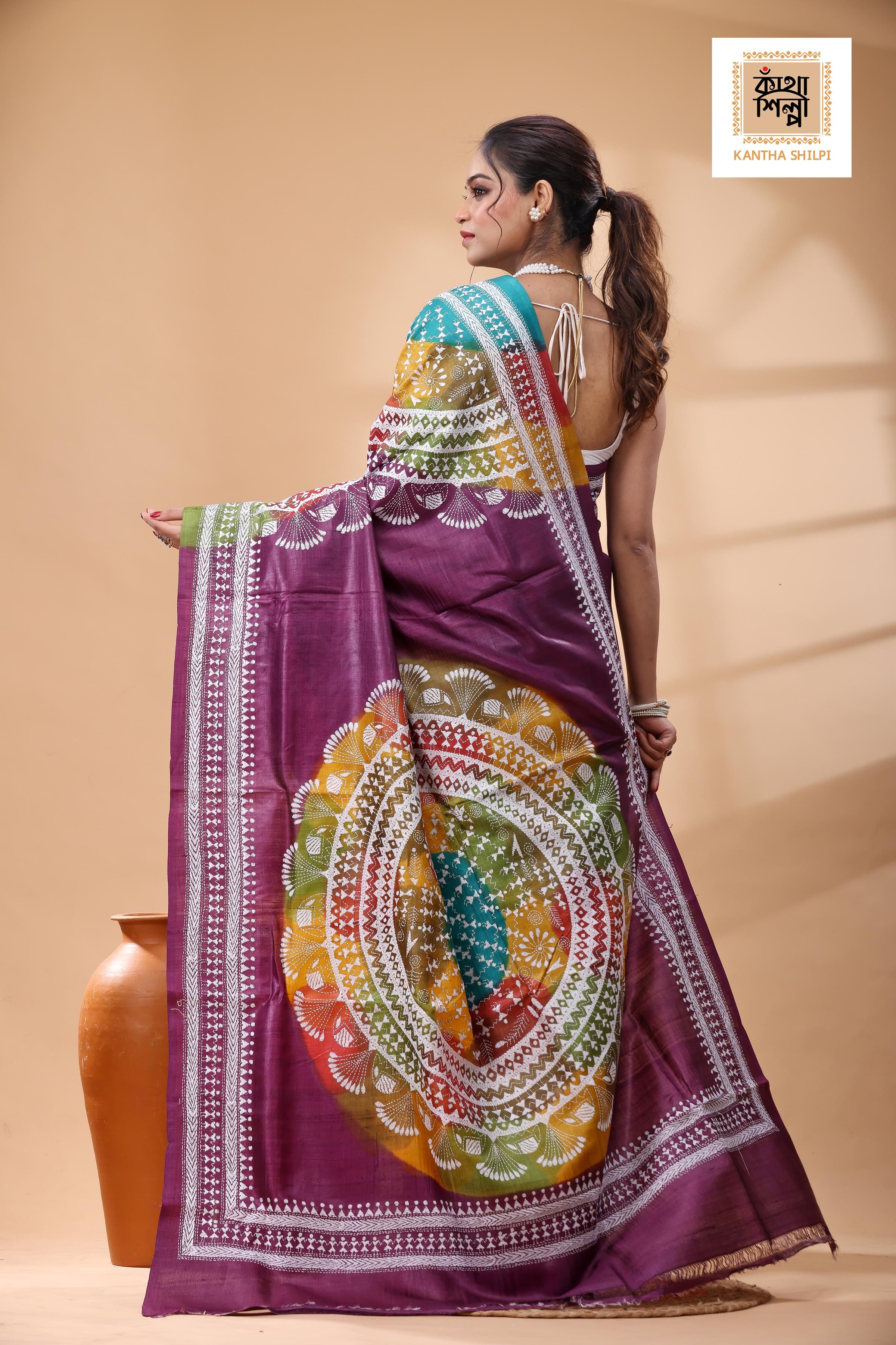 Pure Dye Gachi Tussar White Color Thread Work Kantha Stitch Saree