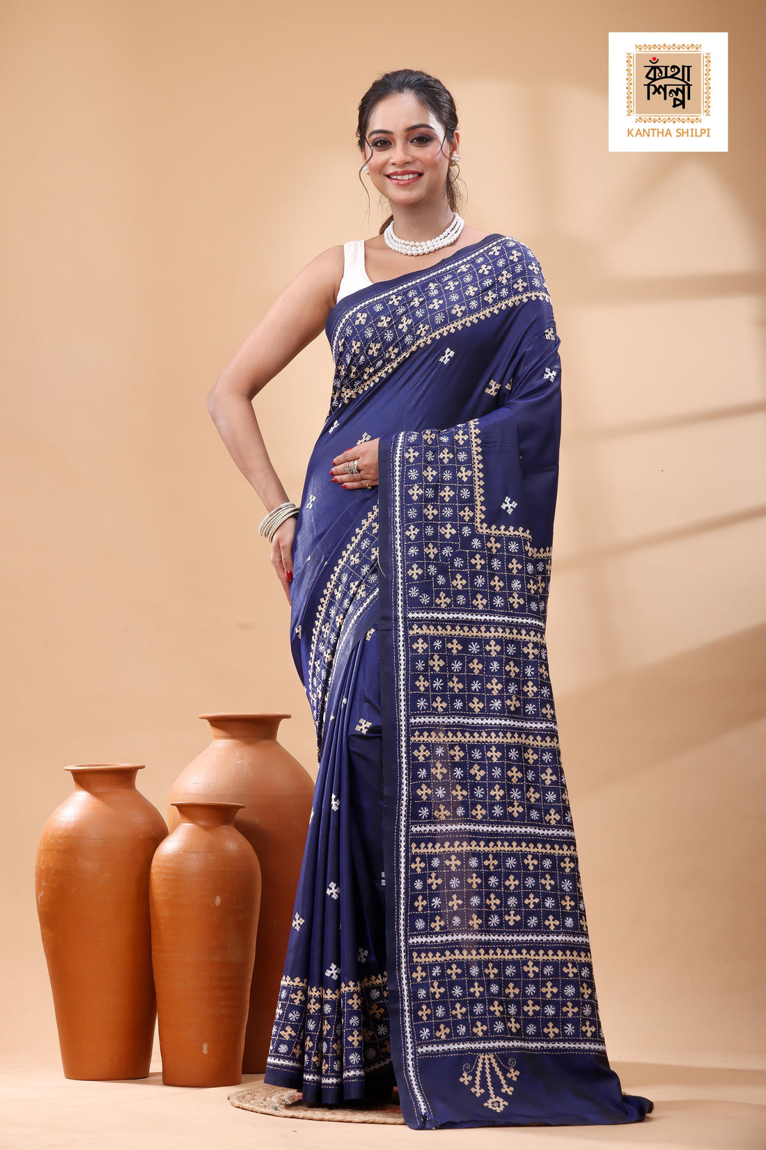 Blue Bangalore Silk White Beige Color Thread Work Gujrati Stitch Saree