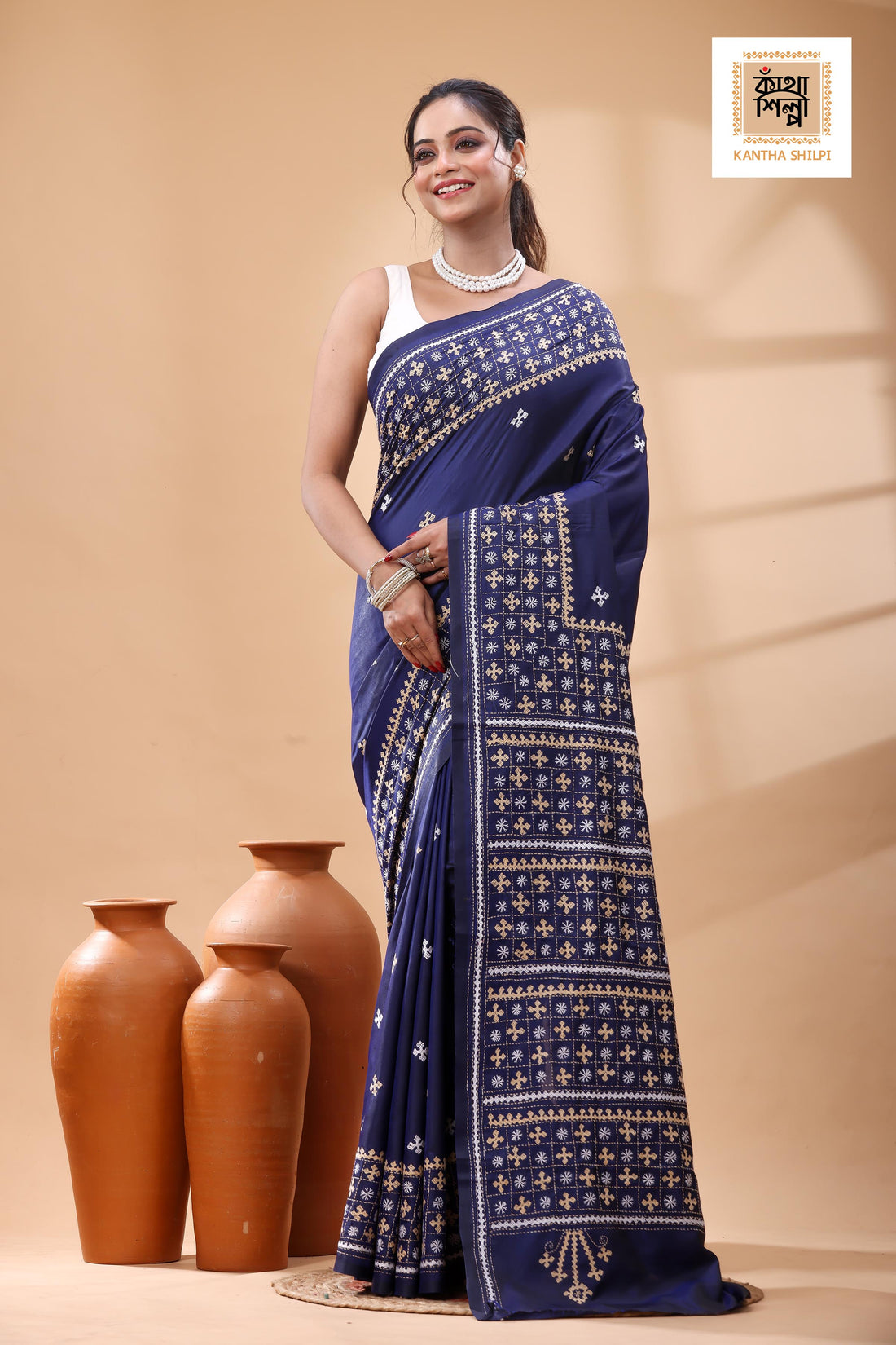 Blue Bangalore Silk White Beige Color Thread Work Gujrati Stitch Saree