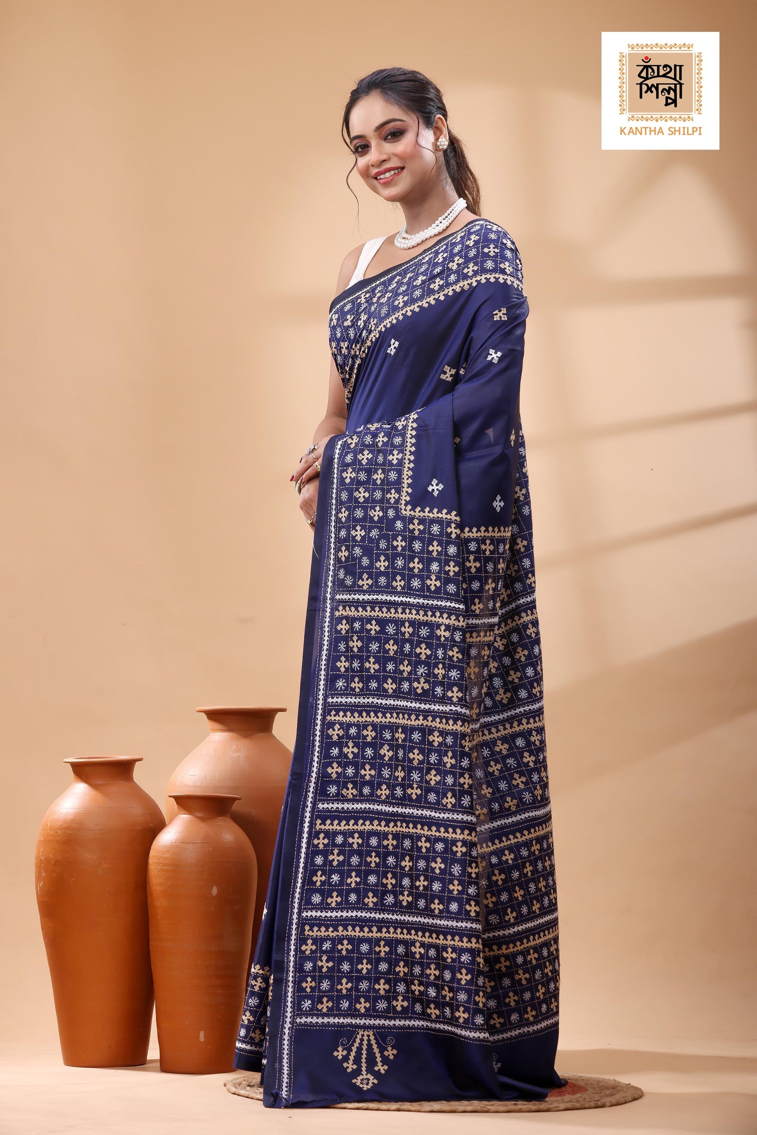 Blue Bangalore Silk White Beige Color Thread Work Gujrati Stitch Saree
