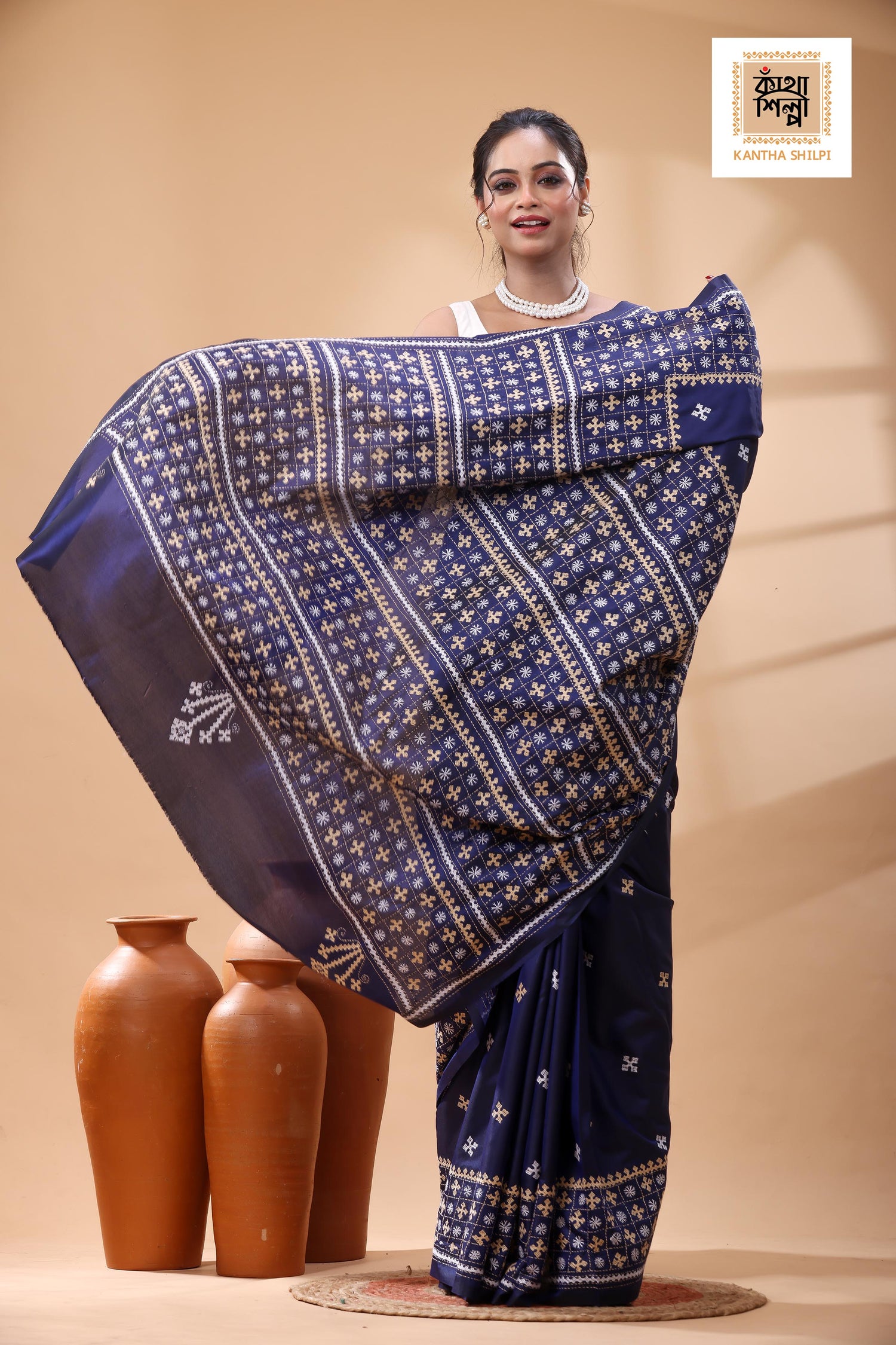 Blue Bangalore Silk White Beige Color Thread Work Gujrati Stitch Saree