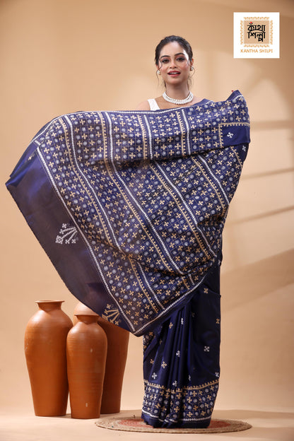 Blue Bangalore Silk White Beige Color Thread Work Gujrati Stitch Saree