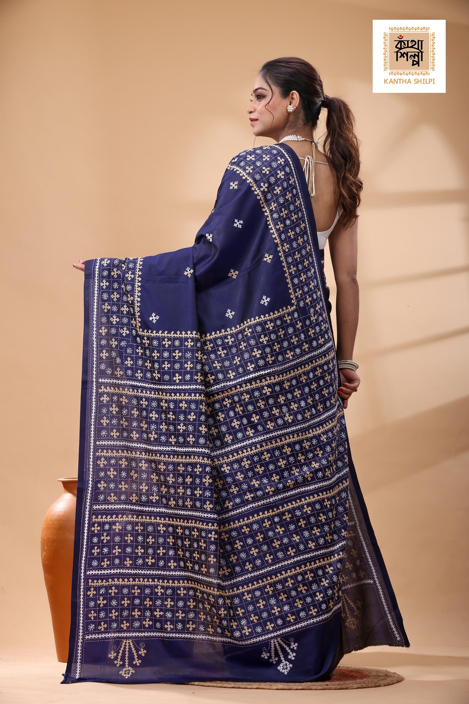 Blue Bangalore Silk White Beige Color Thread Work Gujrati Stitch Saree
