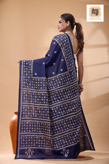 Blue Bangalore Silk White Beige Color Thread Work Gujrati Stitch Saree