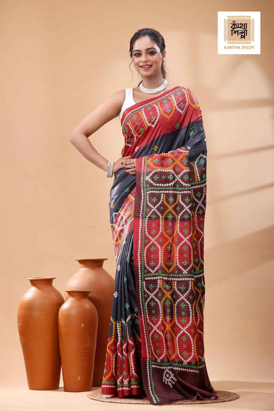 Pure Gachi Tussar Multicolor Dye And Multicolor Thread Work Gujrati Stitch Saree
